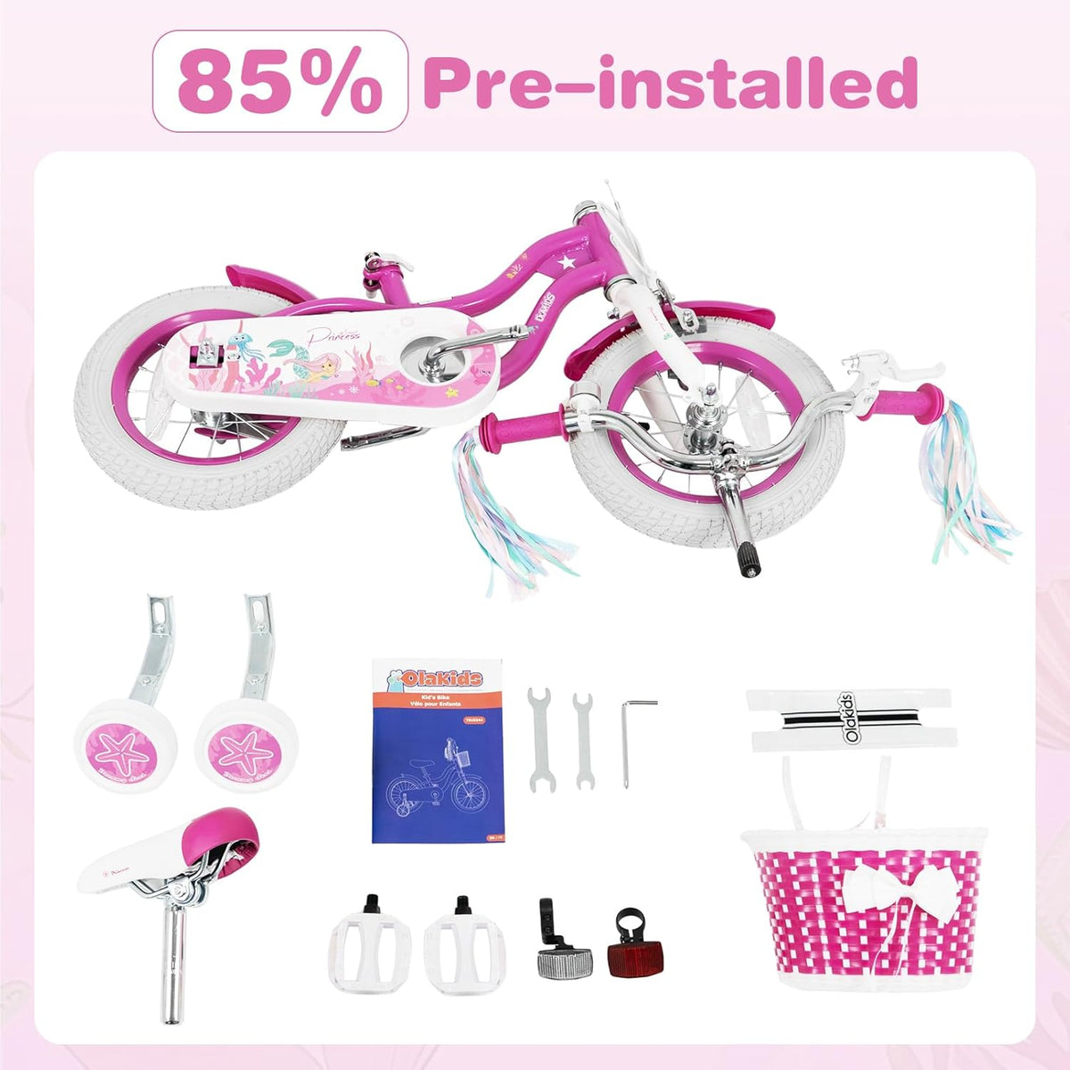 Vélo enfant Olakids, 12, 14, 16, 18 et 20 pouces, thème sirène, avec stabilisateurs, panier, selle et guidon réglables, double frein - Enhanced