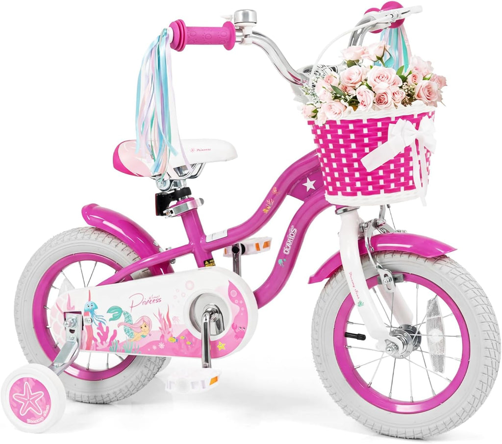 Vélo enfant Olakids, 12, 14, 16, 18 et 20 pouces, thème sirène, avec stabilisateurs, panier, selle et guidon réglables, double frein - Enhanced