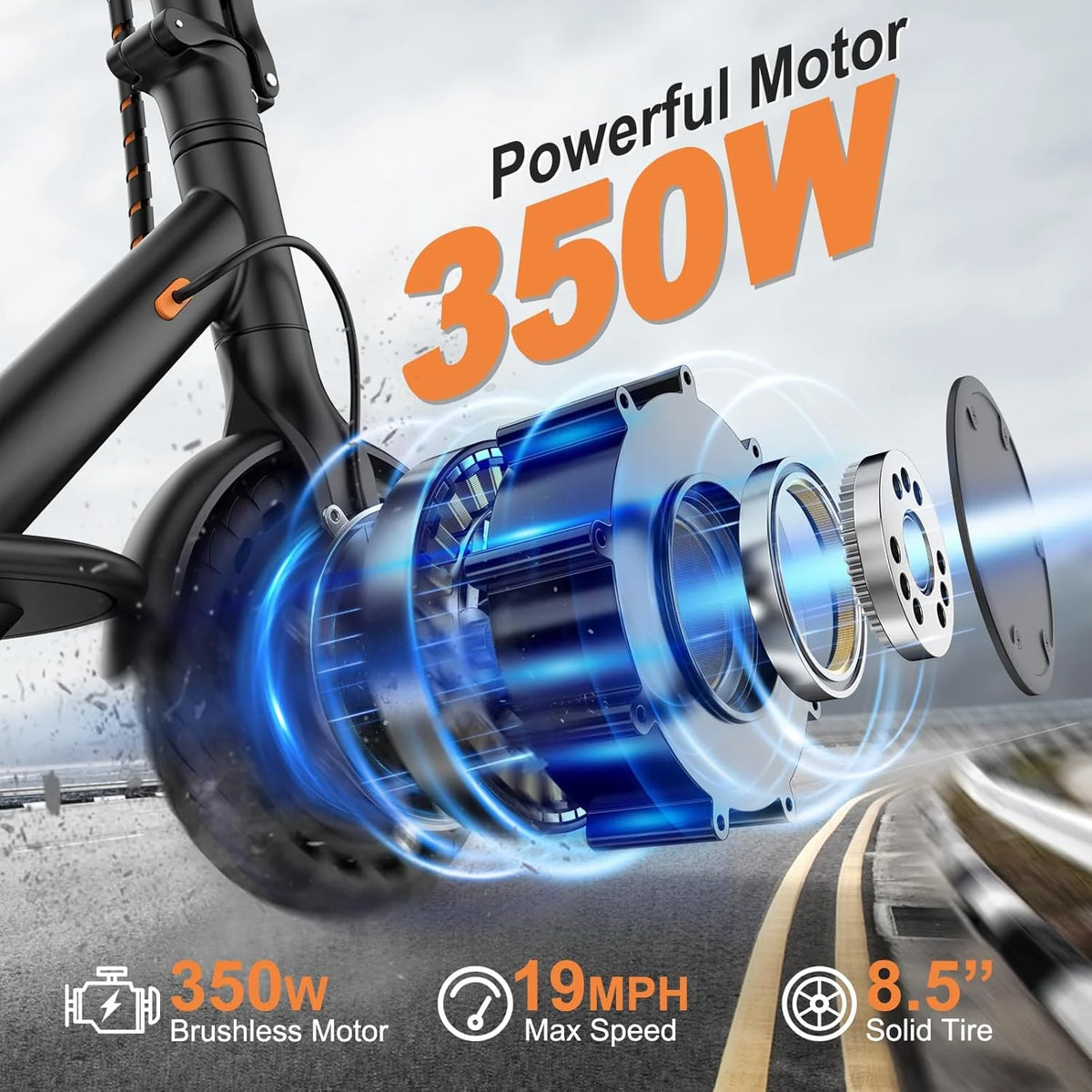 Trottinette électrique, moteur puissant de 350 W/500 W, pneus pleins de 8,5/10 pouces, vitesse de 19/22 mph, autonomie de 28/21/12 miles, double freinage - Enhanced