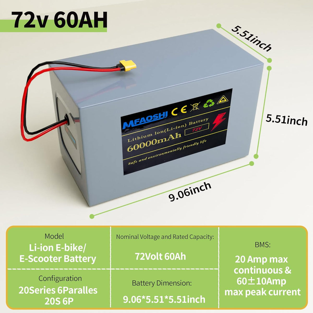 Batterie lithium 72 V 60 Ah pour vélo électrique avec LED et connecteur XT90 - Enhanced