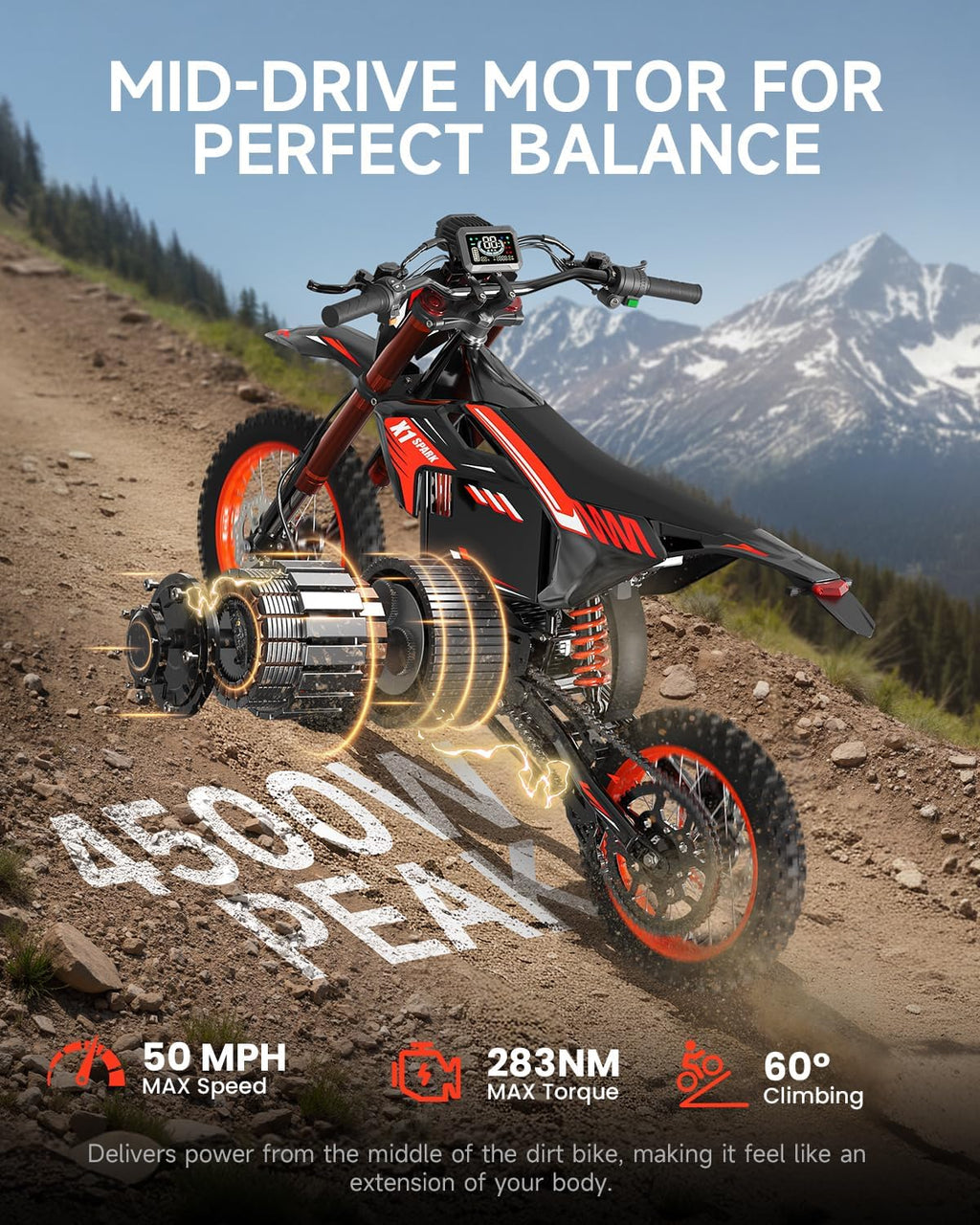 Moto électrique tout-terrain X1 Spark, moteur central de 4500 W (crête), batterie 60 V 28,8 Ah, vitesse maximale de 80 km/h et autonomie de 96 km, VTT électrique tout-terrain à suspension intégrale pour adolescents et adultes de 13 ans et plus, 3