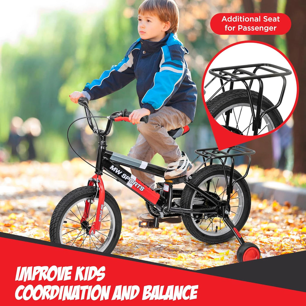 Vélo enfant MW Sports 16 pouces avec stabilisateurs amovibles, freins à main et porte-bagages arrière pour les enfants de 4 à 6 ans. - Enhanced