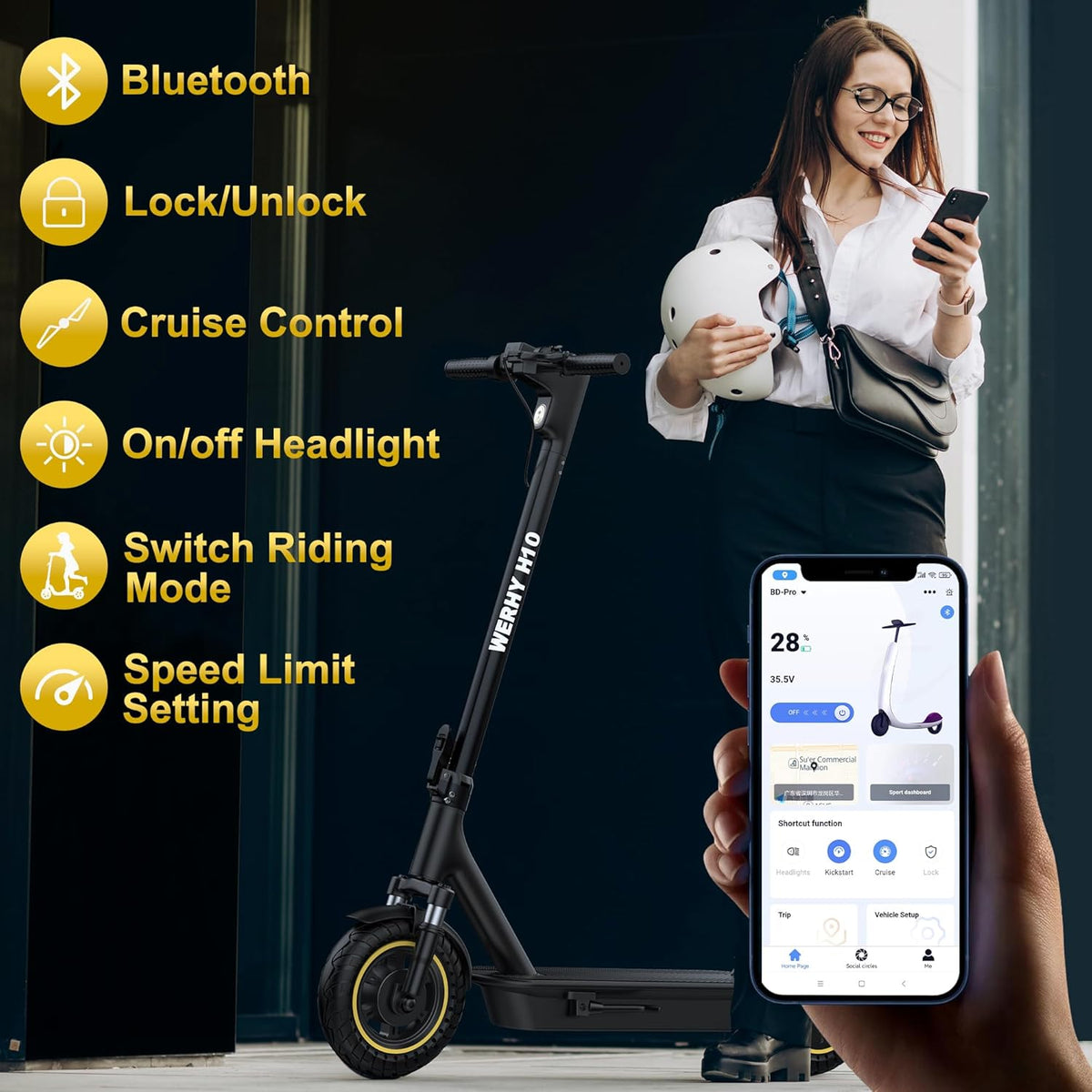 Trottinette électrique WERHY 10 pouces, moteur puissant de 500 W, autonomie de 40 à 45 km, vitesse maximale de 34 à 35 km/h, trottinette électrique pliable avec double freinage pour adultes - Enhanced