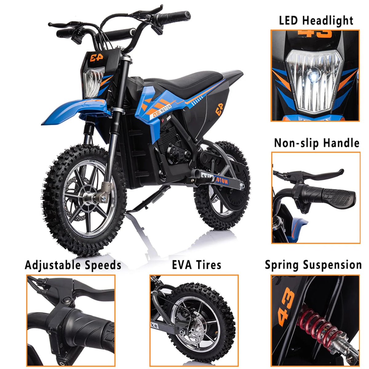 Moto tout-terrain électrique enfant 36 V, 350 W, 25 km/h, LED, poids max. 79 kg – Bleue - Enhanced