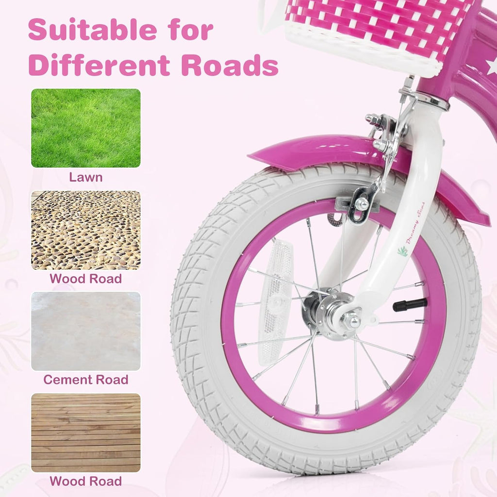 Vélo enfant Olakids, 12, 14, 16, 18 et 20 pouces, thème sirène, avec stabilisateurs, panier, selle et guidon réglables, double frein - Enhanced