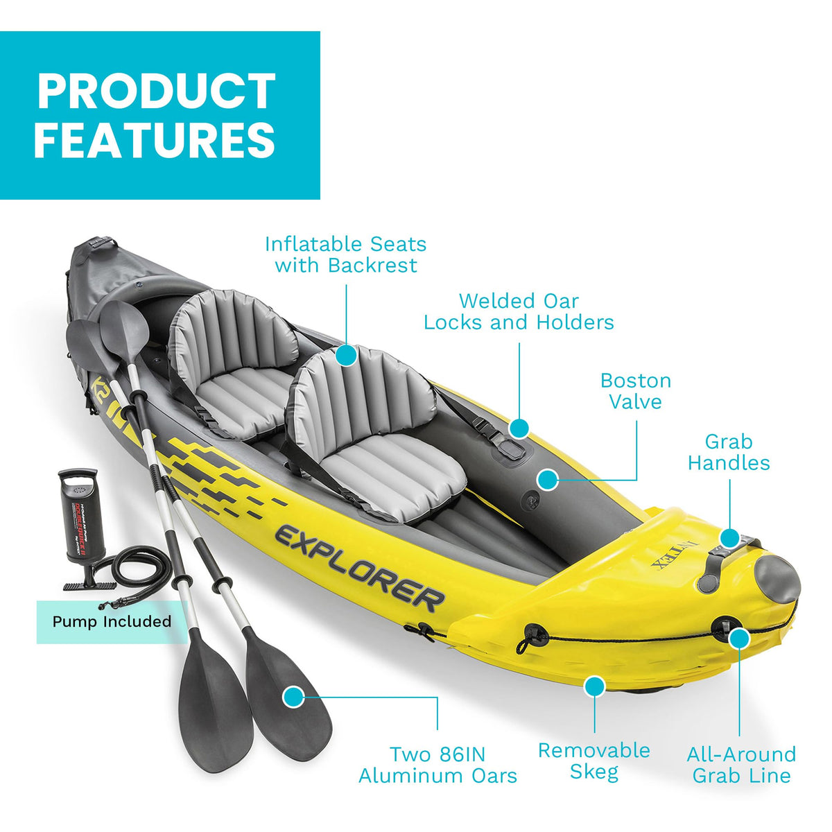 Ensemble de kayak gonflable INTEX Explorer K2 pour 2 personnes - Enhanced
