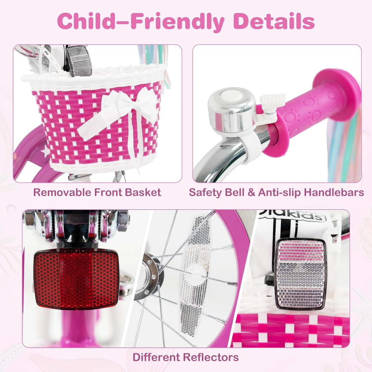 Vélo enfant Olakids, 12, 14, 16, 18 et 20 pouces, thème sirène, avec stabilisateurs, panier, selle et guidon réglables, double frein - Enhanced