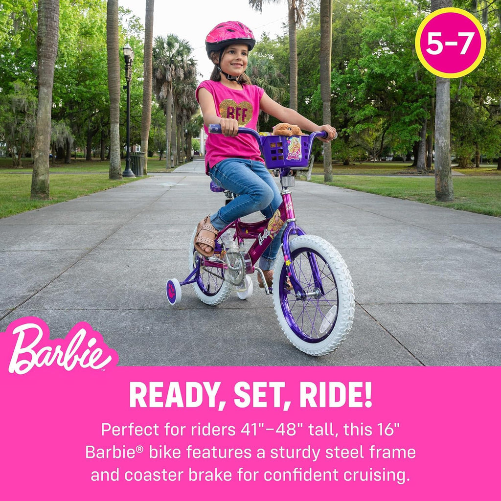 Vélo pour filles Dynacraft Barbie 16 pouces pour enfants de 5 à 7 ans - Design amusant et élégant, robuste et durable, parfait pour les enfants qui apprennent à faire du vélo, facile à assembler, idéal pour les jeunes cyclistes - Enhanced