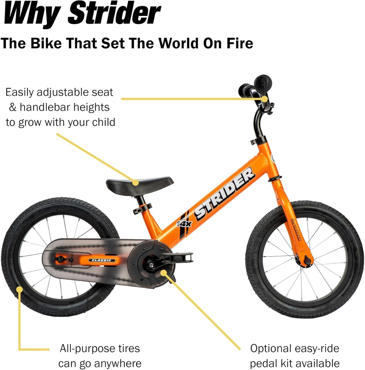 Strider 14x Classic, draisienne pour enfants de 3 à 6 ans - Comprend des poignées personnalisées, un siège rembourré, un repose-pieds performant et des pneus tout usage - Montage et réglages faciles - Enhanced