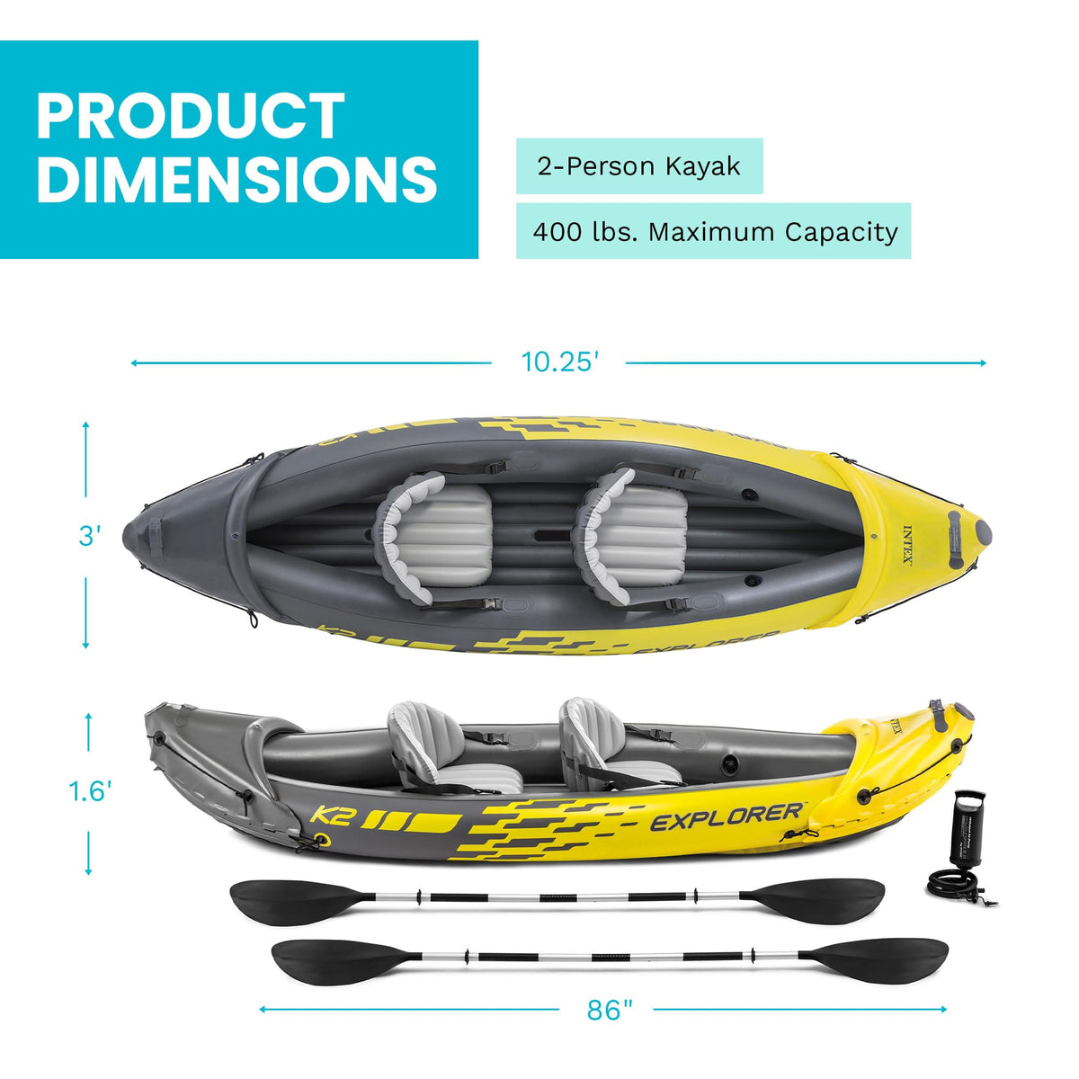 Ensemble de kayak gonflable INTEX Explorer K2 pour 2 personnes - Enhanced
