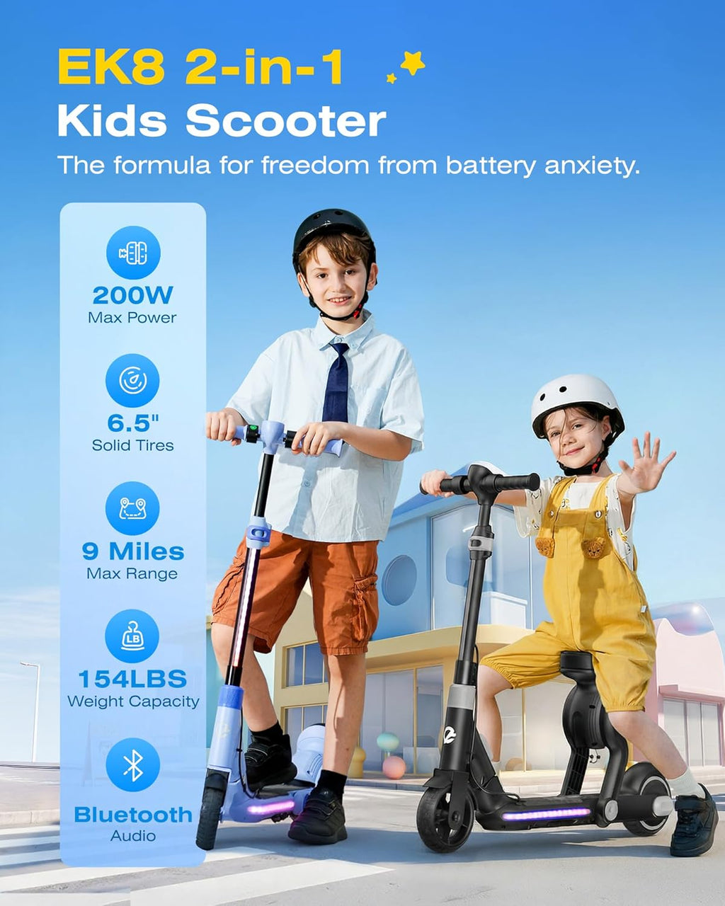 Trottinette électrique 2-en-1 pour enfants ECOROAD EK8, moteur de 200 W, autonomie de 14,5 km, vitesse maximale de 16 km/h, double système de freinage, musique Bluetooth, pliable et hauteur réglable, pour les enfants de 6 à 12 ans (noire) - Enhanced
