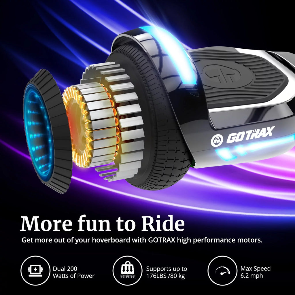 Hoverboard GOTRAX GLIDE PRO Bluetooth, roues de 6,5 pouces et lumières 7 couleurs, scooter auto-équilibré pour enfants et adultes de 20 à 80 kg, argent - Enhanced