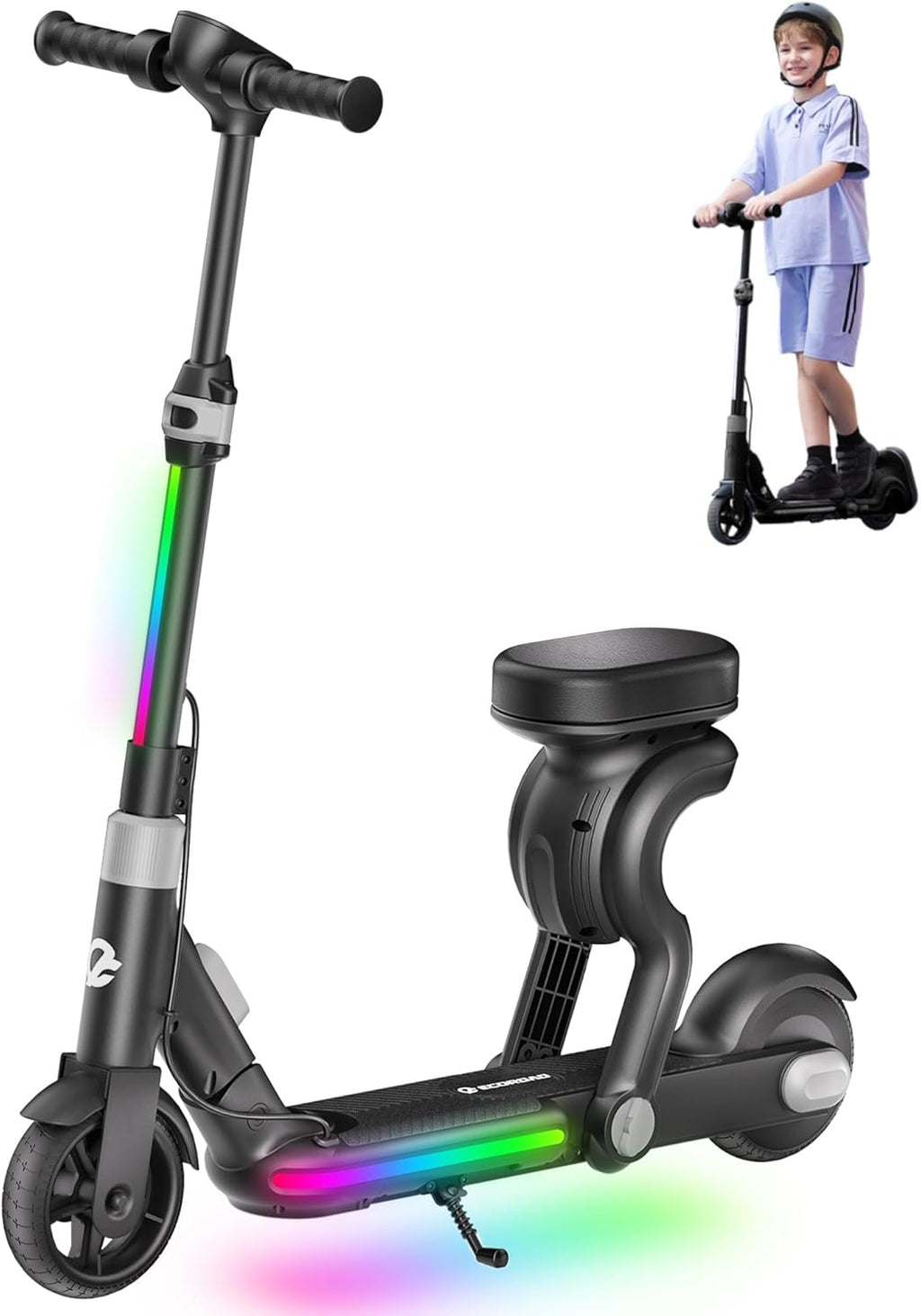 Trottinette électrique 2-en-1 pour enfants ECOROAD EK8, moteur de 200 W, autonomie de 14,5 km, vitesse maximale de 16 km/h, double système de freinage, musique Bluetooth, pliable et hauteur réglable, pour les enfants de 6 à 12 ans (noire) - Enhanced