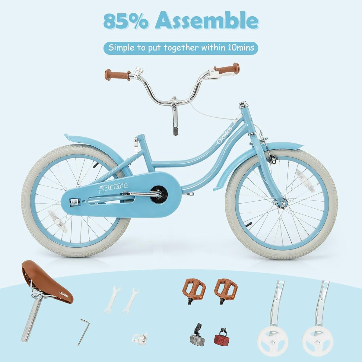 Vélo enfant Olakids, tailles 12, 14, 16, 18 et 20 pouces, avec stabilisateurs, panier en rotin, sonnette de sécurité, selle et guidon réglables. Convient aux filles et aux garçons. - Enhanced