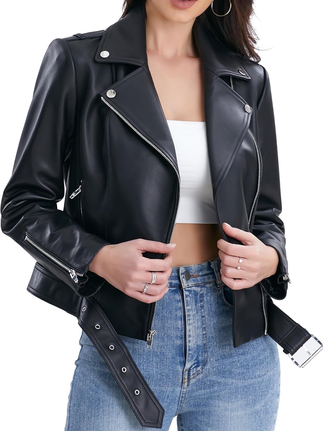 Veste en cuir d'agneau pour femme SILVER FASHIONS, blouson de moto, style classique asymétrique zippé, ceintures à boucle, poches multiples - Enhanced