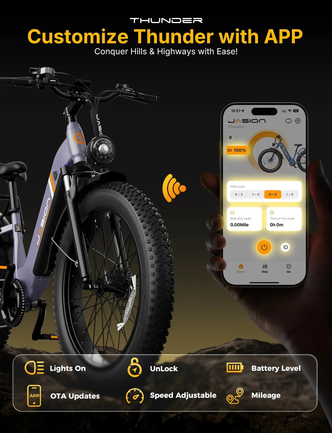 Vélo électrique Thunder 1500 W, vitesse supérieure à 48 km/h, autonomie de 129 km, pneus larges, freins à disque hydrauliques - Enhanced