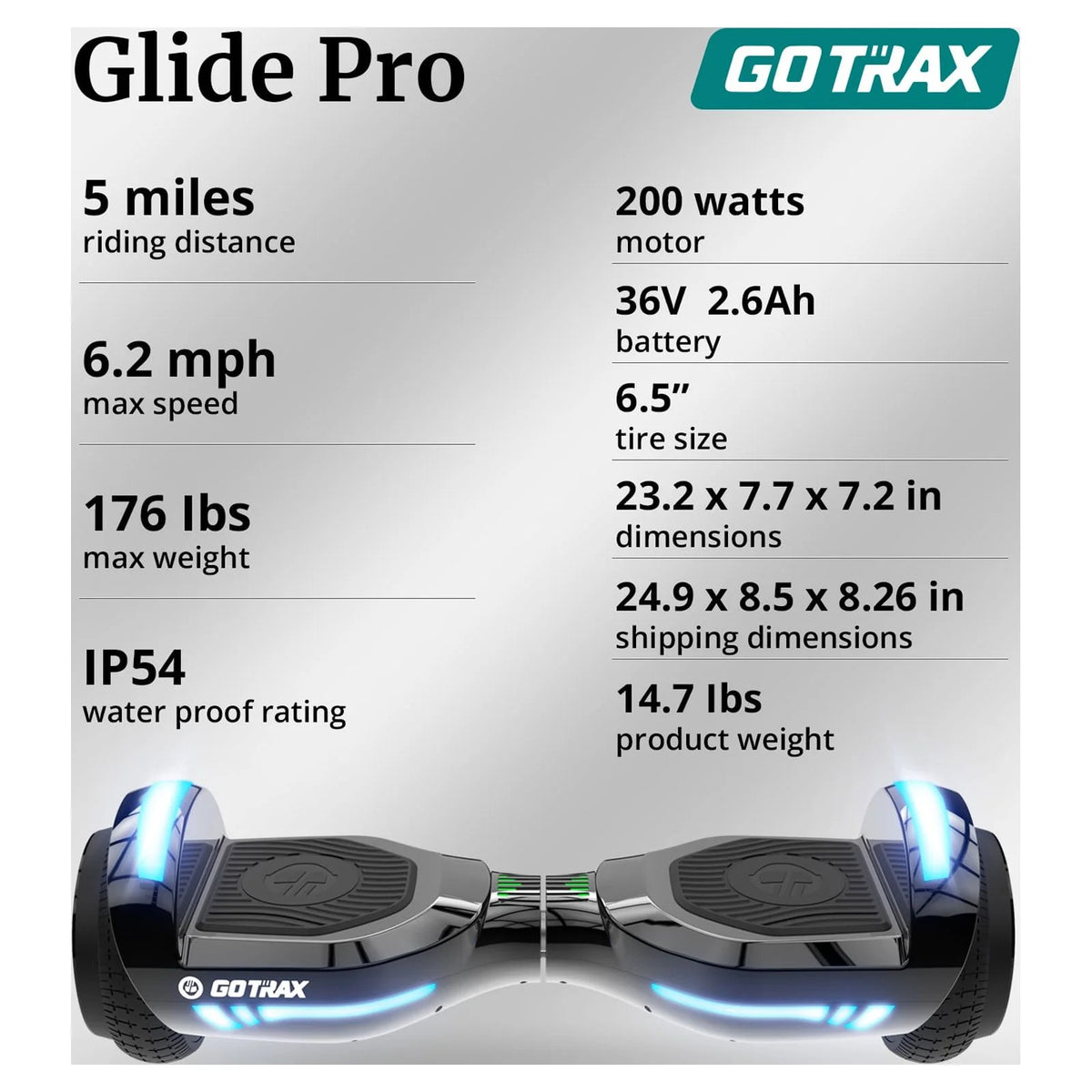 Hoverboard GOTRAX GLIDE PRO Bluetooth, roues de 6,5 pouces et lumières 7 couleurs, scooter auto-équilibré pour enfants et adultes de 20 à 80 kg, argent - Enhanced