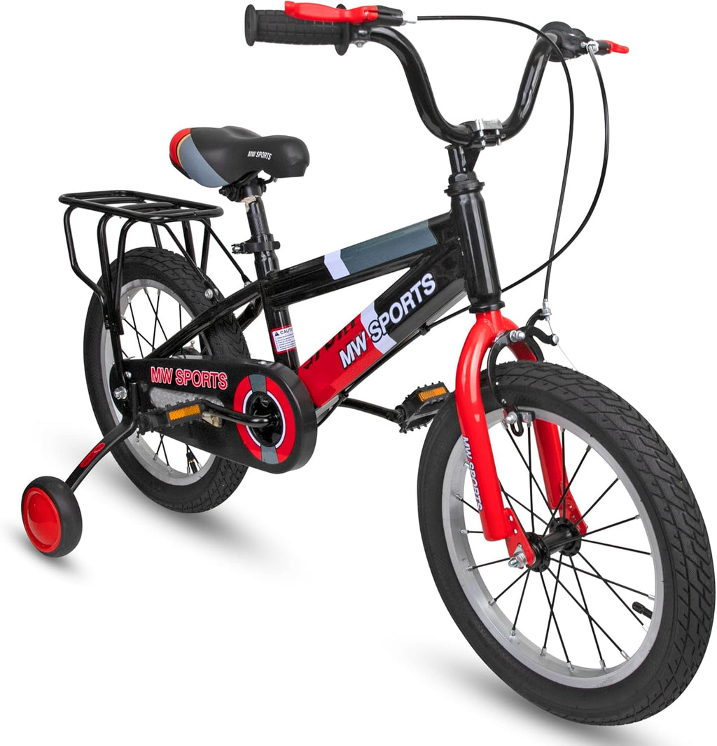 Vélo enfant MW Sports 16 pouces avec stabilisateurs amovibles, freins à main et porte-bagages arrière pour les enfants de 4 à 6 ans. - Enhanced