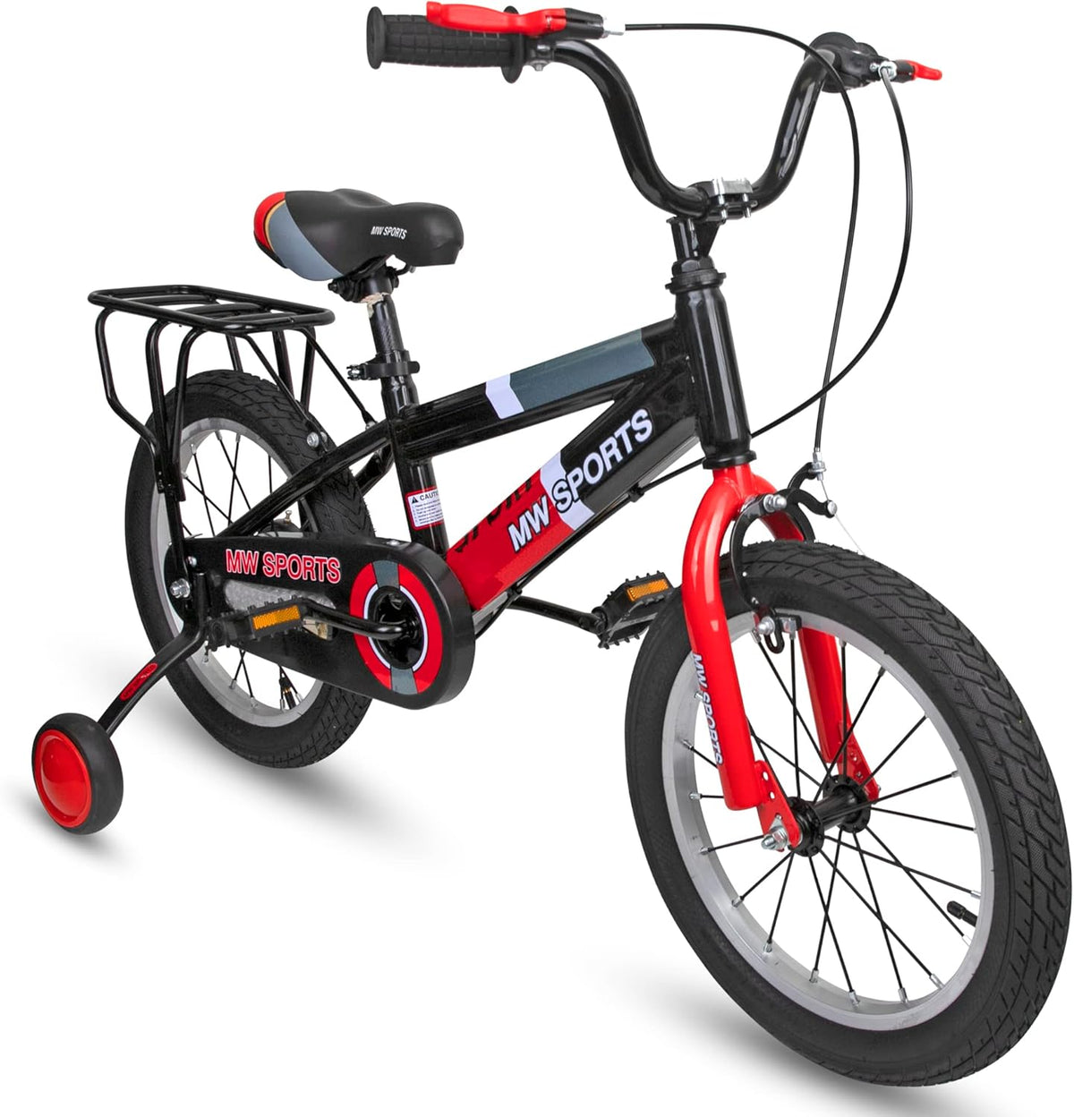 Vélo enfant MW Sports 16 pouces avec stabilisateurs amovibles, freins à main et porte-bagages arrière pour les enfants de 4 à 6 ans. - Enhanced