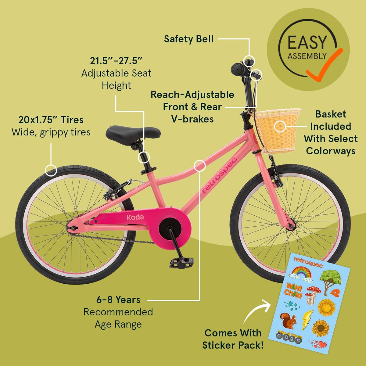 Vélo enfant Retrospec Koda Plus pour garçons et filles de 6 à 8 ans - Vélo enfant 20 pouces, selle et guidon réglables - Enhanced