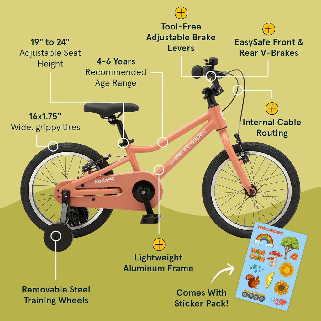 Vélo enfant Retrospec Koda Plus pour garçons et filles de 4 à 6 ans - Vélo enfant 16 pouces, selle et guidon réglables - Enhanced